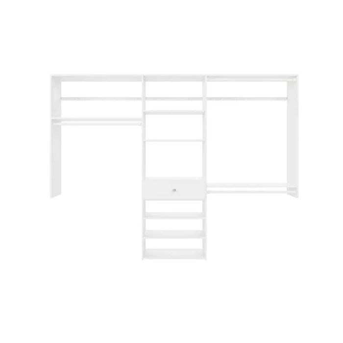 8 Foot Perfect Fit Reach In Closet Storage Wall Mounted Wardrobe Organizer Kit System with Shelves and Drawer