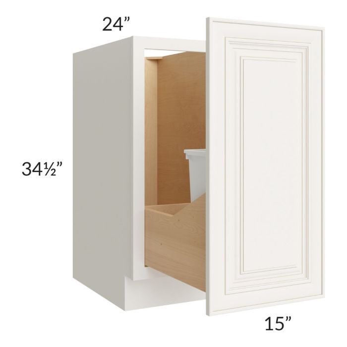Cambridge Antique White Glaze 15" Full Height Door Base Cabinet with Single Trashcan Pullout