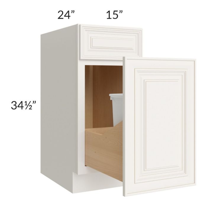 Cambridge Antique White Glaze 15" Base Cabinet with Single Trashcan Pullout