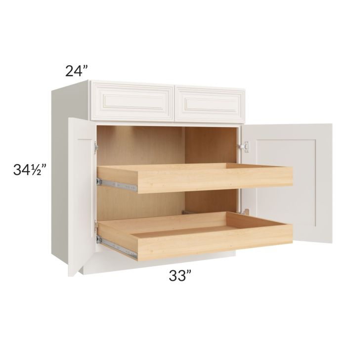 Cambridge Antique White Glaze 33" Base Cabinet with 2 Rollout Trays