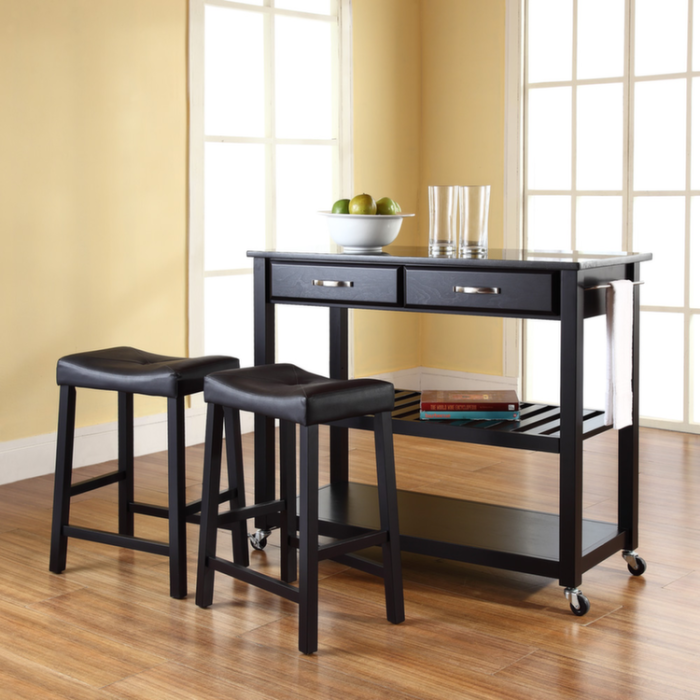 Solid Black Granite Top Kitchen Cart/Island in Black Finish With 24" Black Upholstered Saddle Stools