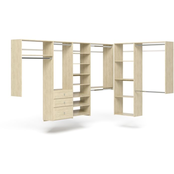 L Shaped Walk In Closet Storage Wall Mounted Wardrobe Organizer Kit System with Shelves and Drawers