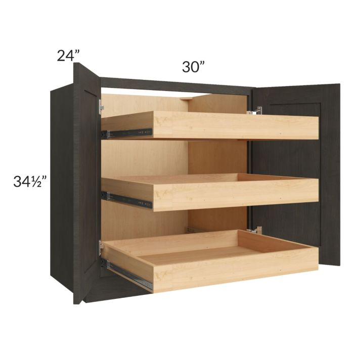 Charcoal Grey Shaker 30" Full Height Base Cabinet with 3 Rollout Trays