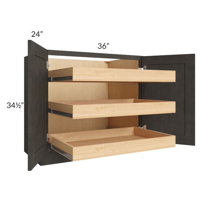 Charcoal Grey Shaker 36" Full Height Base Cabinet with 3 Rollout Trays