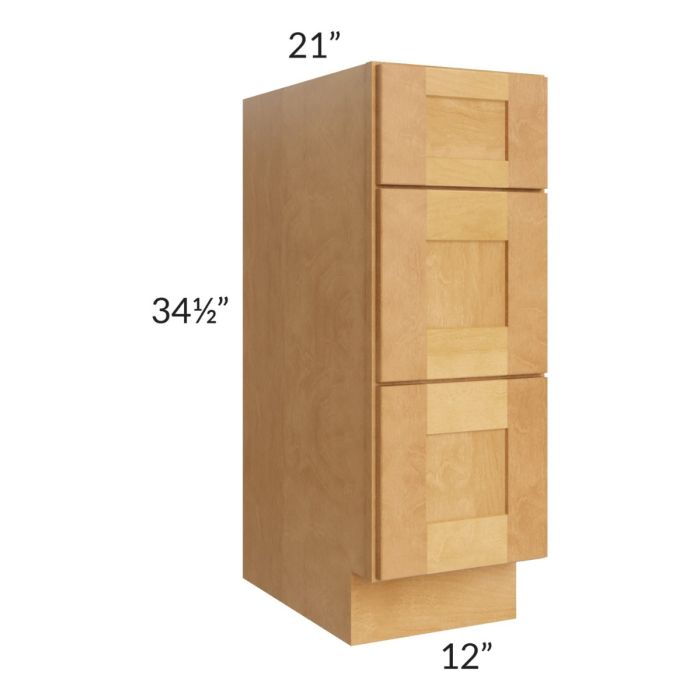 Madison Honey Shaker 12" 3-Drawer Vanity Base Cabinet