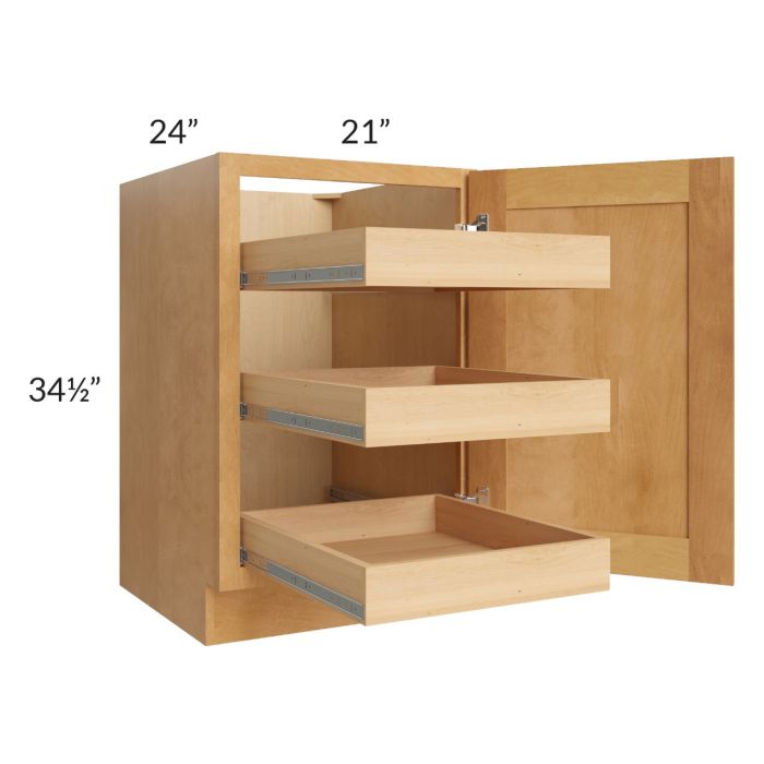 Madison Honey Shaker 21" Full Height Door Base Cabinet with 3 Rollout Trays