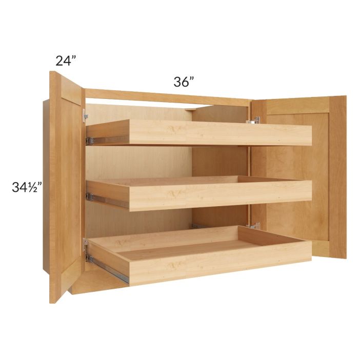 Madison Honey Shaker 36" Full Height Base Cabinet with 3 Rollout Trays