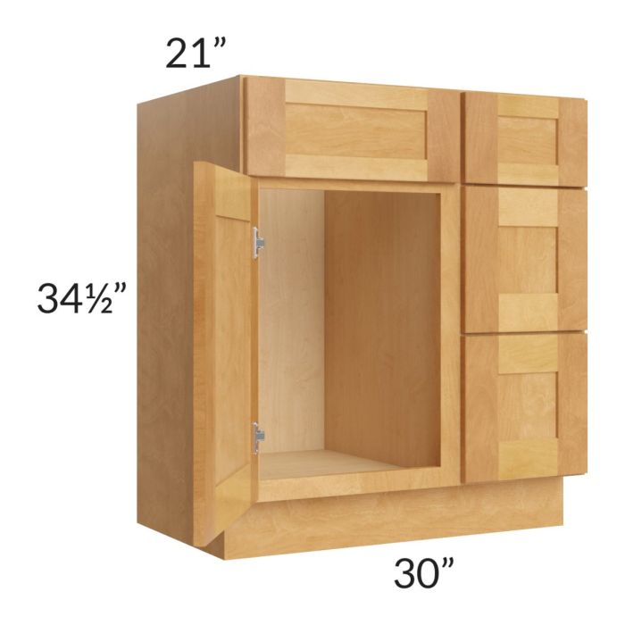 Madison Honey Shaker 30" Vanity Base Cabinet (Drawers on Right)