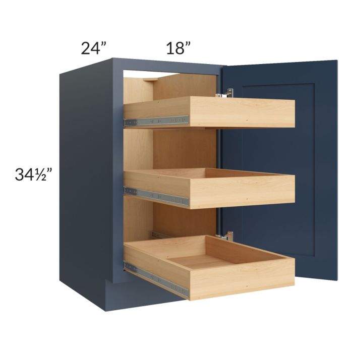 Madison Navy Shaker 18" Full Height Door Base Cabinet with 3 Rollout Trays