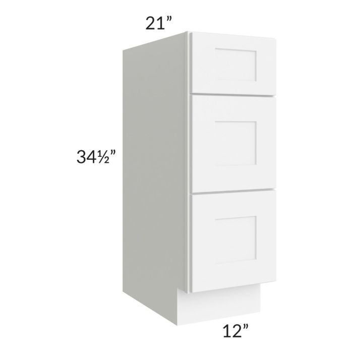 Brilliant White Shaker 12" 3-Drawer Vanity Base Cabinet