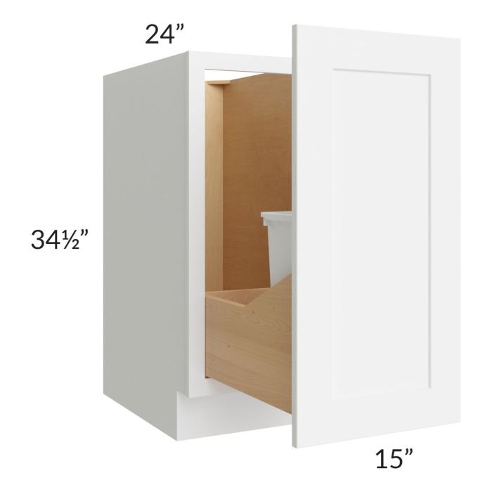 Brilliant White Shaker 15" Full Height Door Base Cabinet with Single Trashcan Pullout