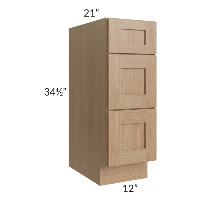 Asheville Rift Oak Shaker 12" 3-Drawer Vanity Base Cabinet