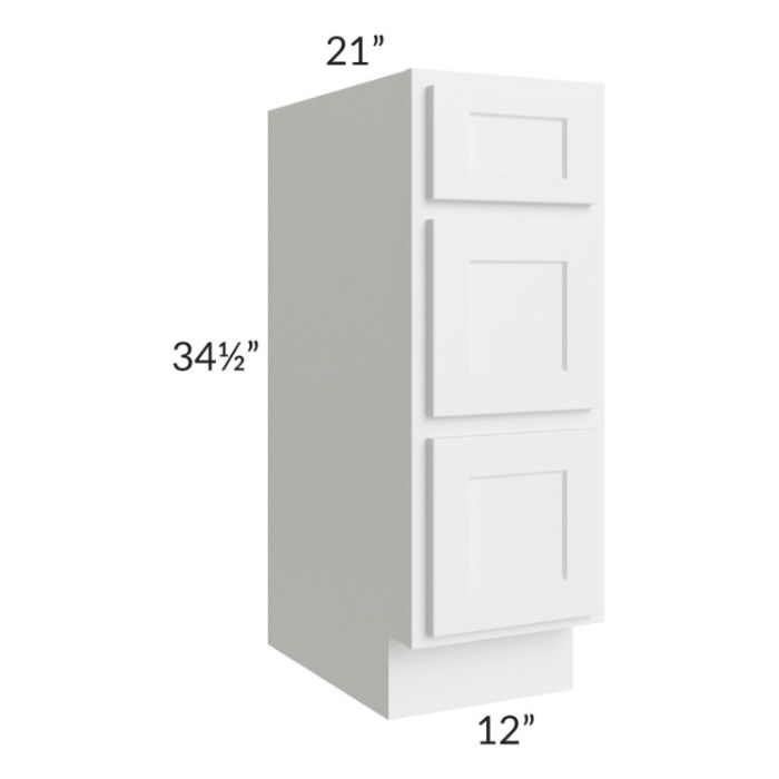 Stratus White 12" Vanity 3-Drawer Base Cabinet