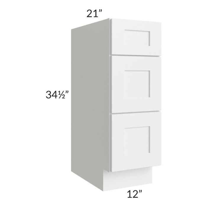 Stratton White Shaker 12" 3-Drawer Vanity Base Cabinet