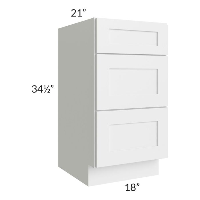 Asheville White Shaker 18" 3-Drawer Vanity Base Cabinet