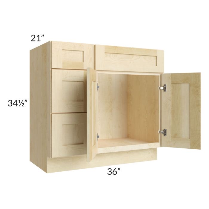 Unfinished Shaker 36" Vanity Sink Base Cabinet (Drawers on Left)