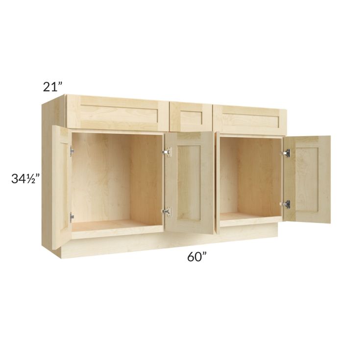 Unfinished Shaker 60" Vanity Cabinet with 3 Drawers