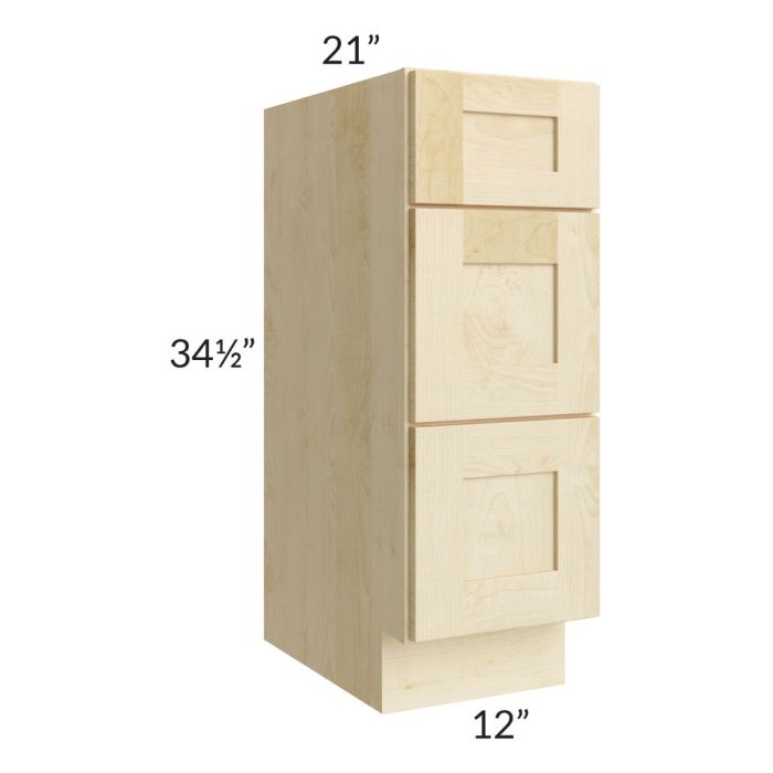 Unfinished Shaker 12" 3-Drawer Vanity Base Cabinet