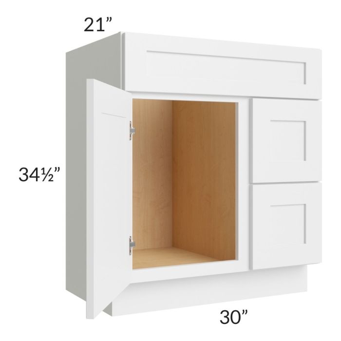 Asheville White Shaker 30" Vanity Sink Base Cabinet (Drawers on Right)