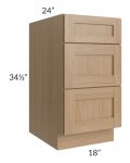 Asheville Rift Oak Shaker 18" 3-Drawer Base Cabinet