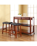Natural Wood Top Kitchen Cart/Island in Classic Cherry Finish With 24" Cherry Upholstered Saddle Stools