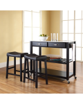 Stainless Steel Top Kitchen Cart/Island in Black Finish With 24" Black Upholstered Saddle Stools
