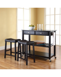 Solid Black Granite Top Kitchen Cart/Island in Black Finish With 24" Black Upholstered Saddle Stools