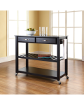 Solid Black Granite Top Kitchen Cart/Island With Optional Stool Storage in Black Finish
