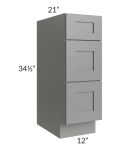 Shale Grey Shaker 12" Vanity Three Drawer Base Cabinet