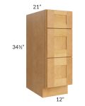 Madison Honey Shaker 12" 3-Drawer Vanity Base Cabinet