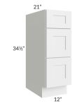 Asheville White Shaker 12" 3-Drawer Vanity Base Cabinet