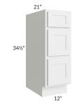 Stratus White 12" Vanity 3-Drawer Base Cabinet