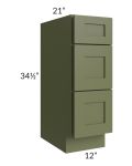 Midtown Hunter Green Shaker 12" Vanity 3-Drawer Base Cabinet