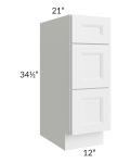 Belfast White 12" Vanity 3-Drawer Base Cabinet