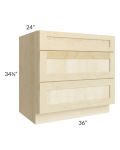 Unfinished Shaker 36" 3-Drawer Base Cabinet