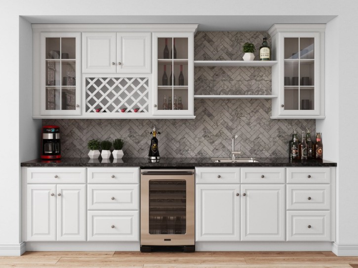 Discover a sleek, contemporary kitchen wet bar featuring wine storage, glass cabinets, and a stylish backsplash. Perfect for entertaining.
