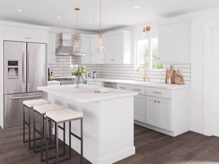 Luxurious white kitchen with marble island, gold fixtures, glass-front cabinets and modern pendant lighting—spacious, elegant design ideal for entertaining.